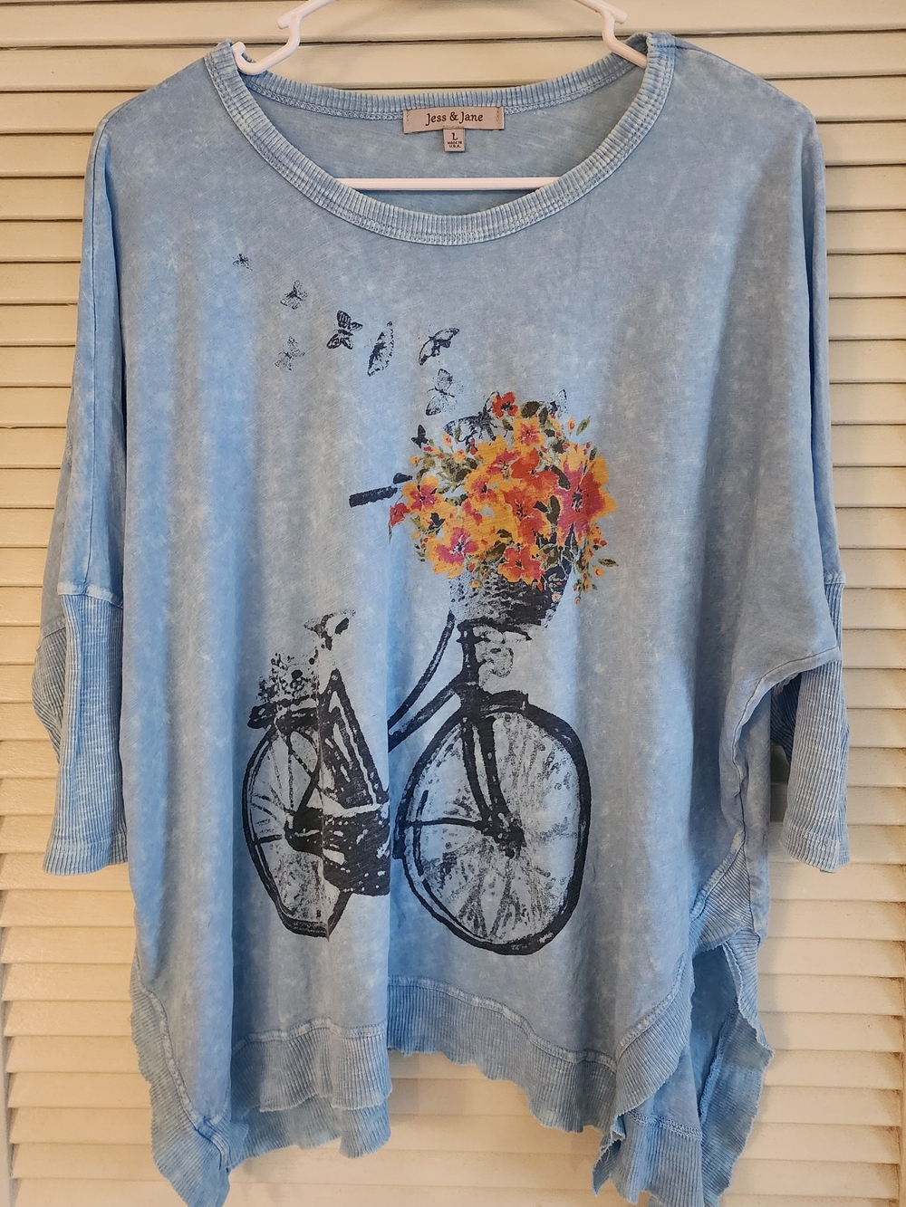Jess & Jane Blue Mineral Wash Bicycle Floral Graphic Tunic Top L Boho